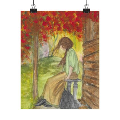 Autumn Porch Daydream Matte Poster | Girl with Red Leaves Art Print