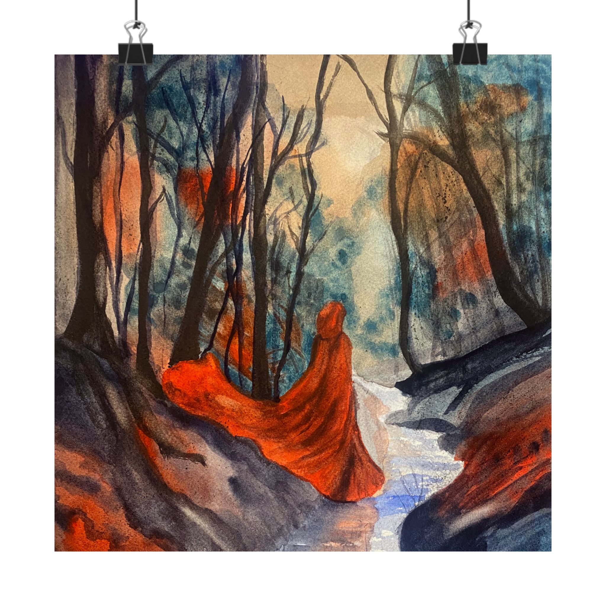 Enchanted Forest Woman in Red Cloak Art Print | Matte Vertical Poster