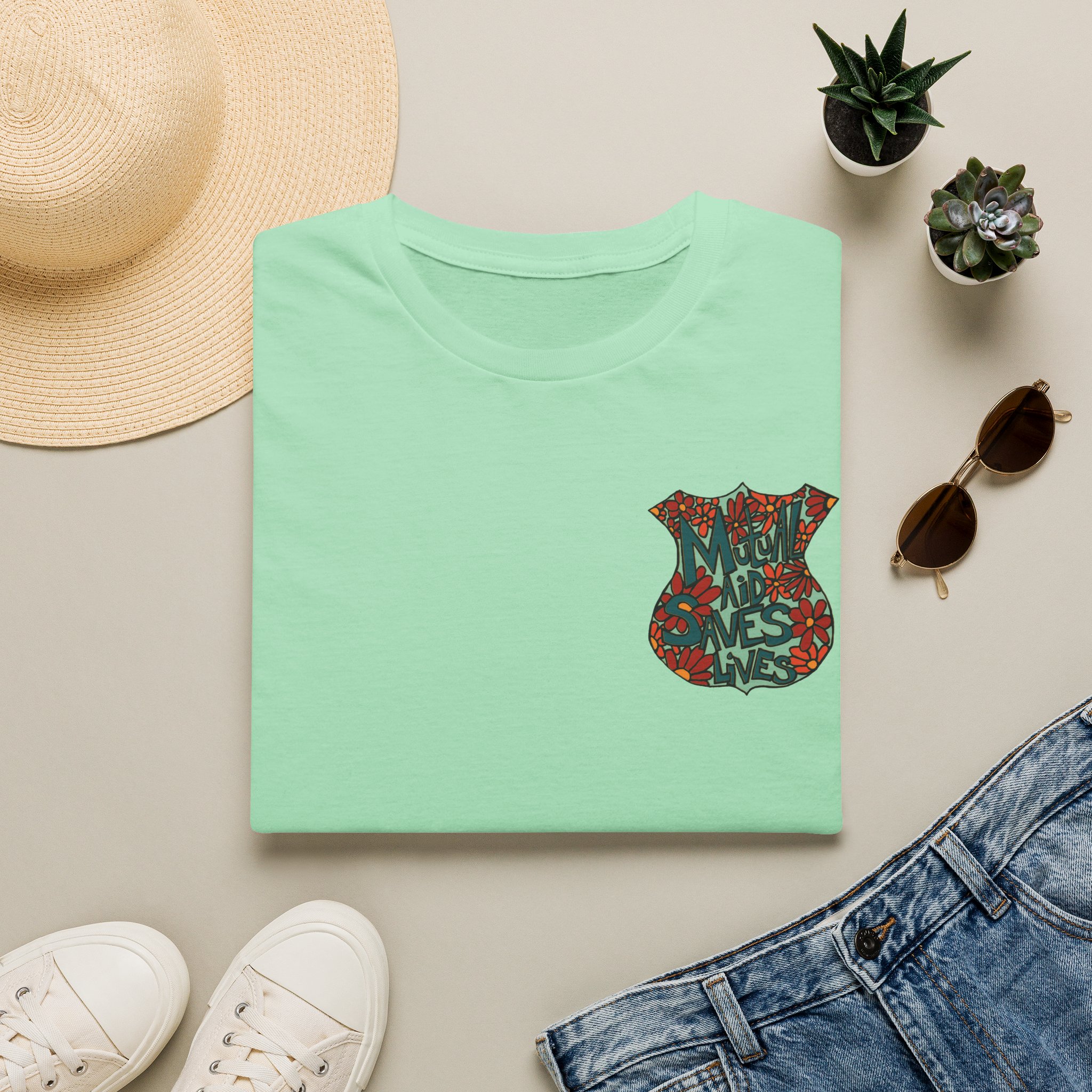Vintage Floral Shield T‑Shirt — 'Mutual Aid Saves Lives' Pocket Graphic - Image 33