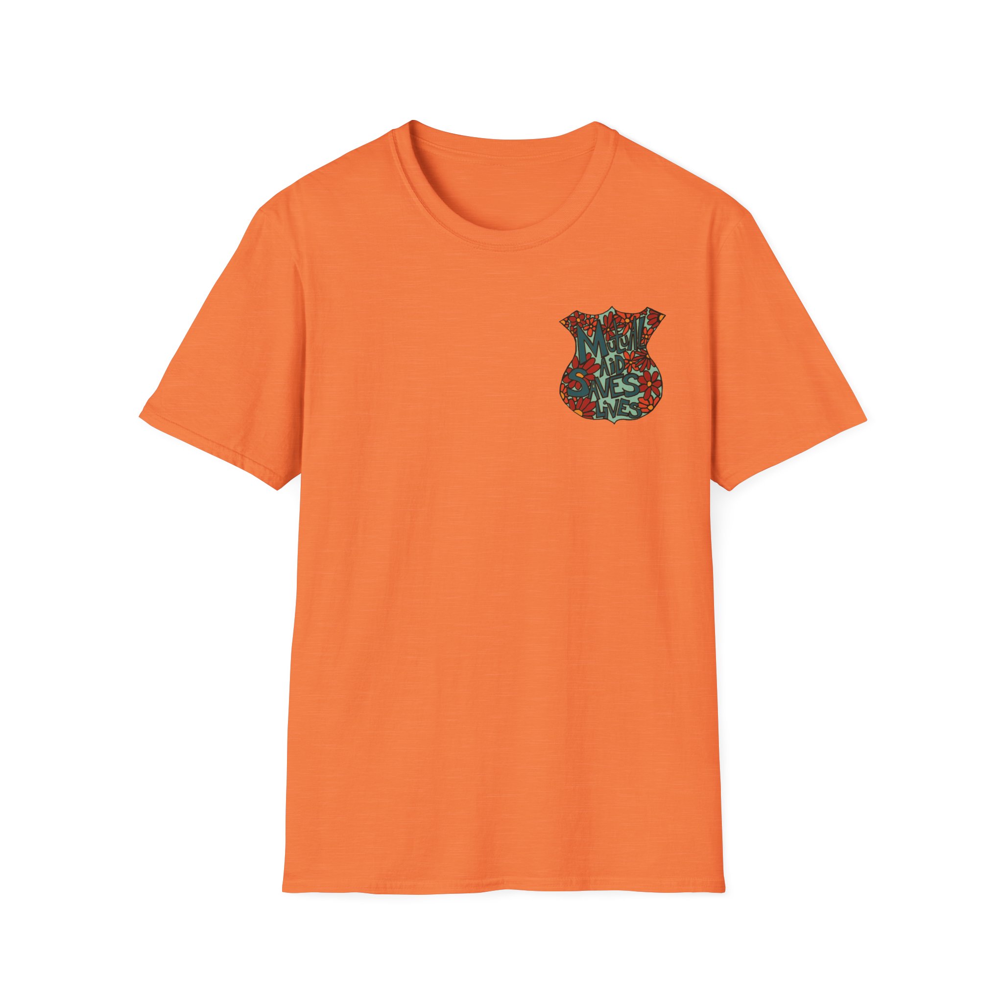 Vintage Floral Shield T‑Shirt — 'Mutual Aid Saves Lives' Pocket Graphic - Image 7