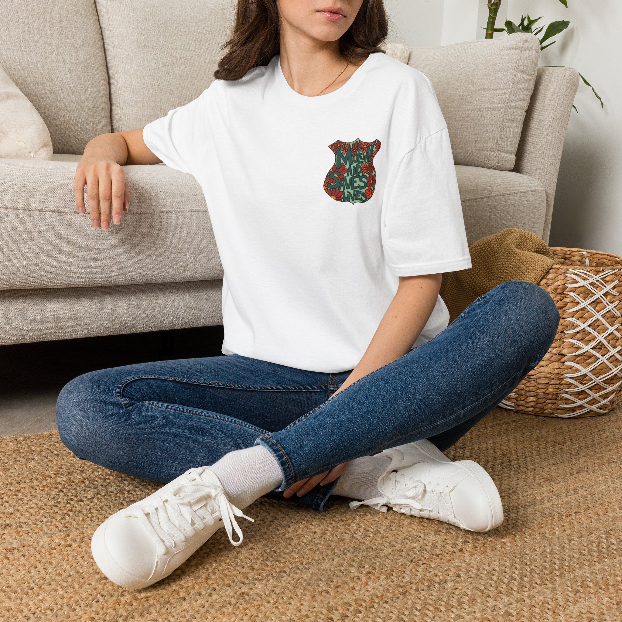 Vintage Floral Shield T‑Shirt — 'Mutual Aid Saves Lives' Pocket Graphic - Image 2
