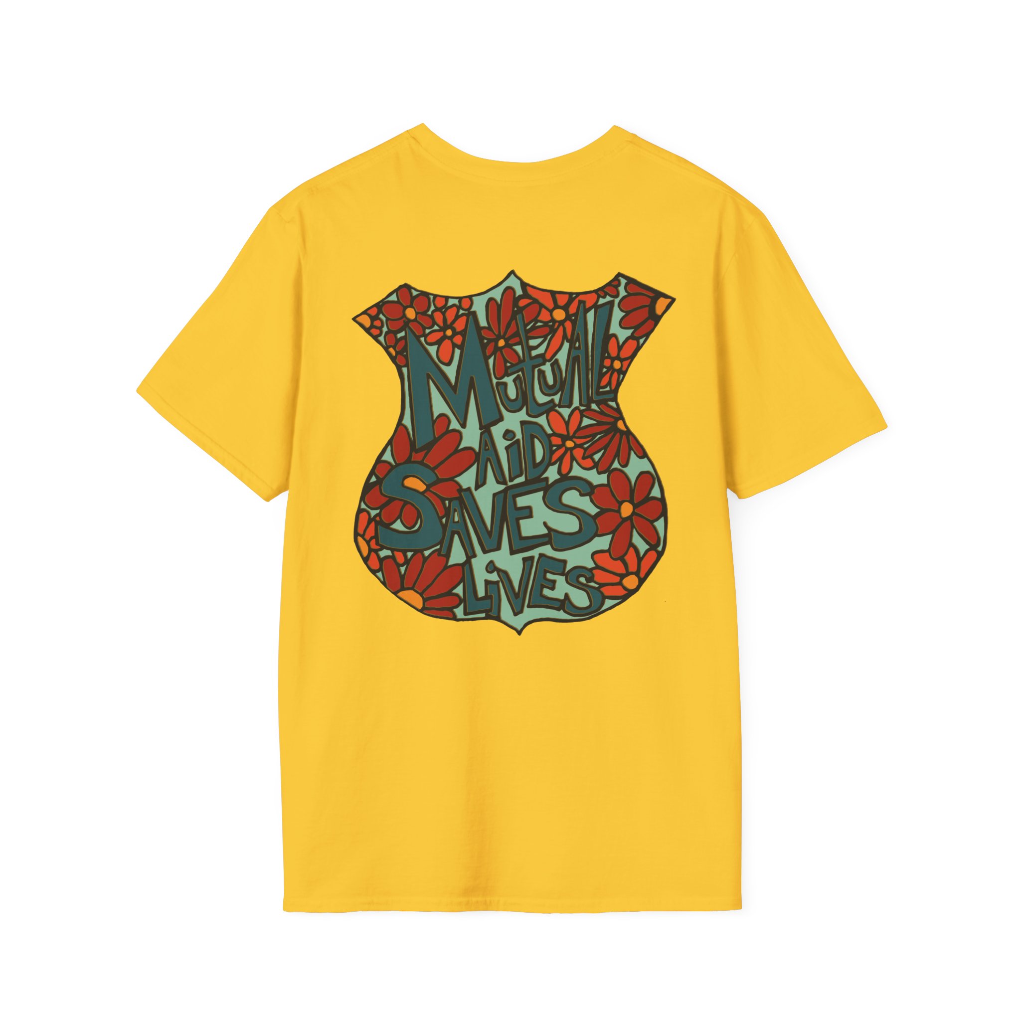Vintage Floral Shield T‑Shirt — 'Mutual Aid Saves Lives' Pocket Graphic - Image 32