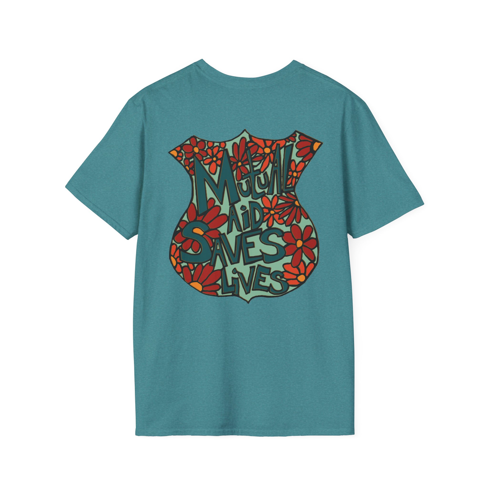 Vintage Floral Shield T‑Shirt — 'Mutual Aid Saves Lives' Pocket Graphic - Image 44