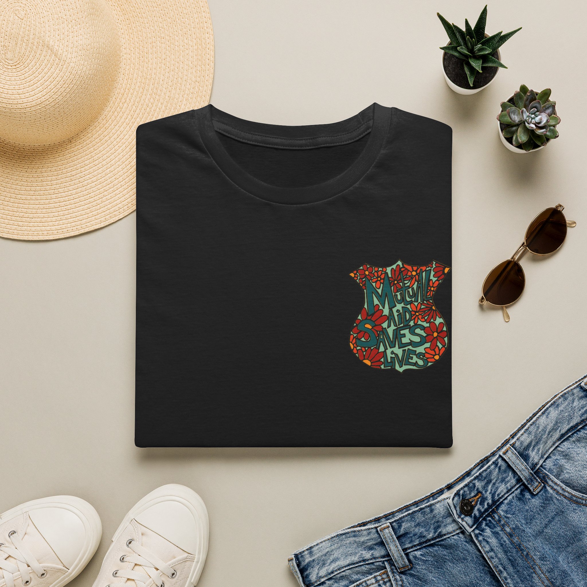 Vintage Floral Shield T‑Shirt — 'Mutual Aid Saves Lives' Pocket Graphic - Image 9