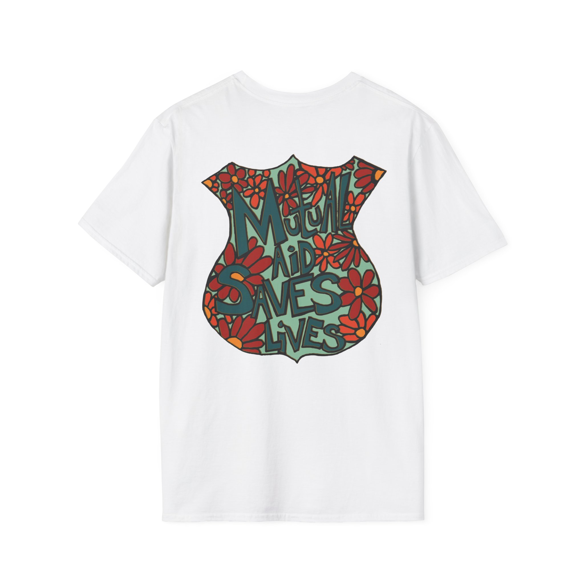 Vintage Floral Shield T‑Shirt — 'Mutual Aid Saves Lives' Pocket Graphic - Image 4