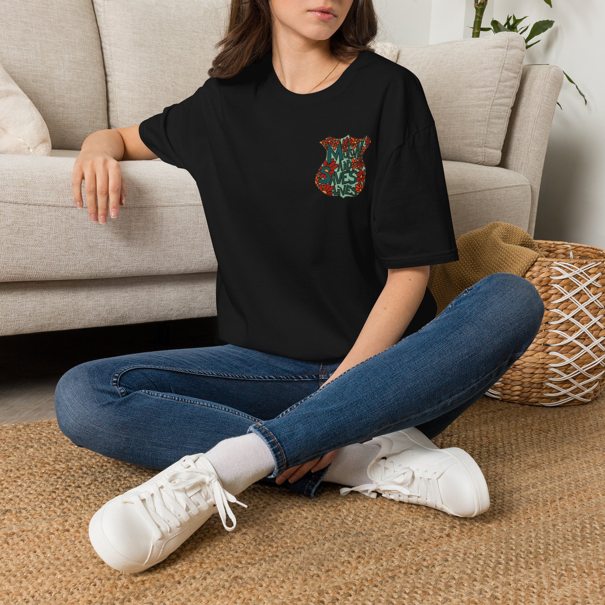 Vintage Floral Shield T‑Shirt — 'Mutual Aid Saves Lives' Pocket Graphic - Image 10