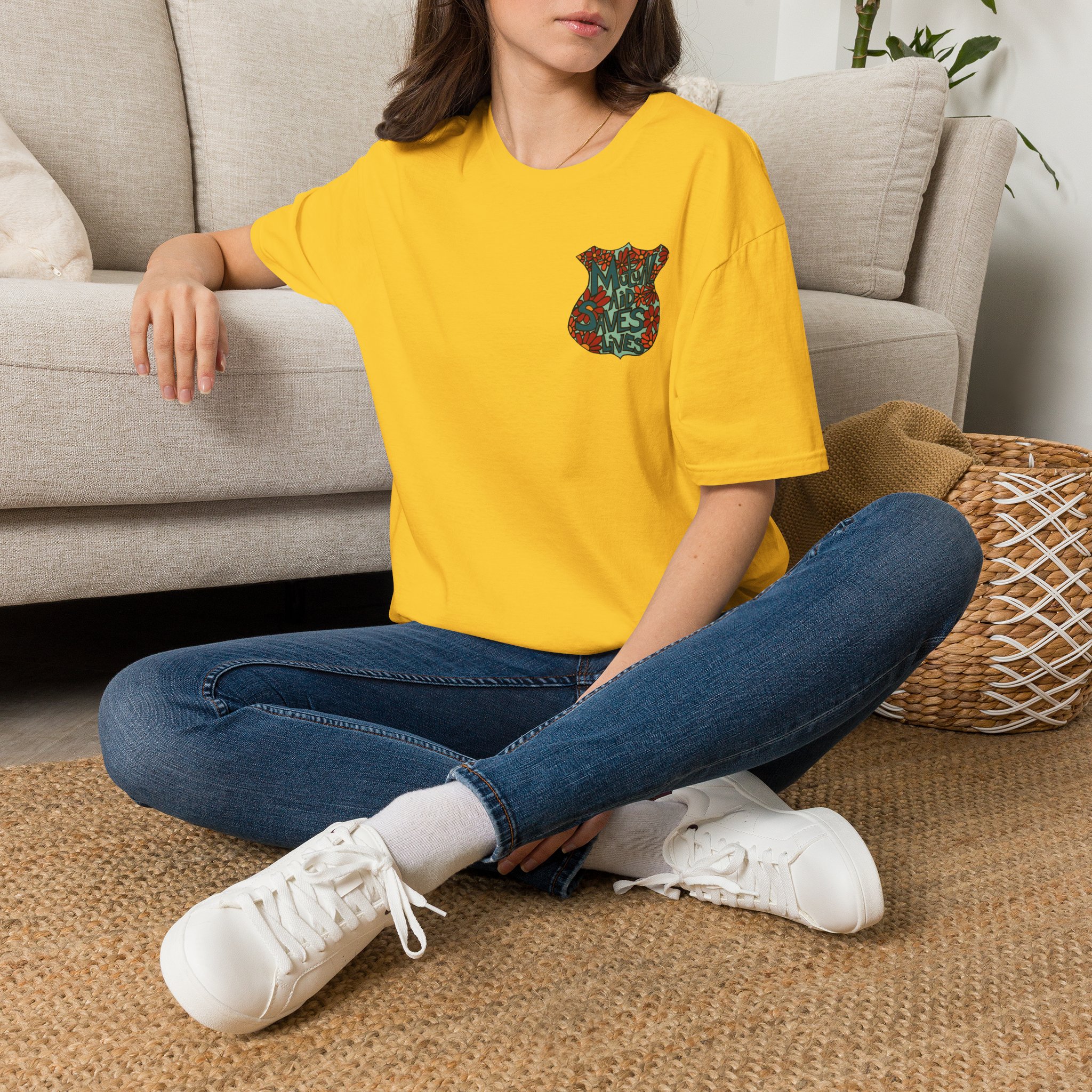 Vintage Floral Shield T‑Shirt — 'Mutual Aid Saves Lives' Pocket Graphic - Image 30