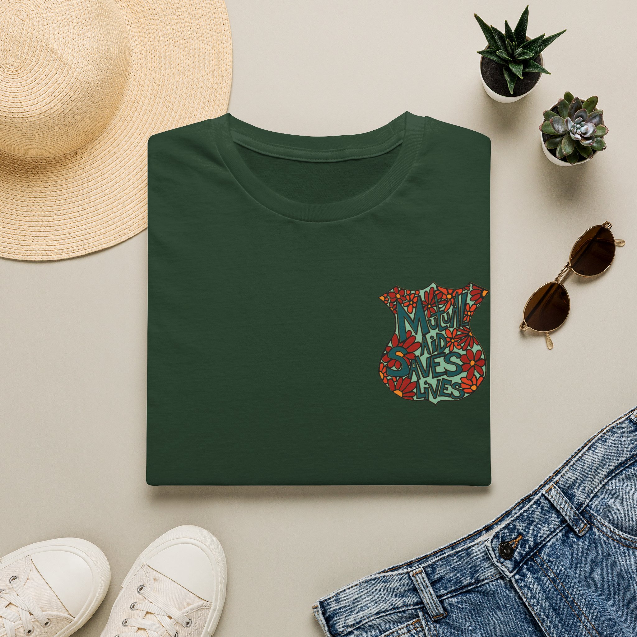 Vintage Floral Shield T‑Shirt — 'Mutual Aid Saves Lives' Pocket Graphic - Image 37
