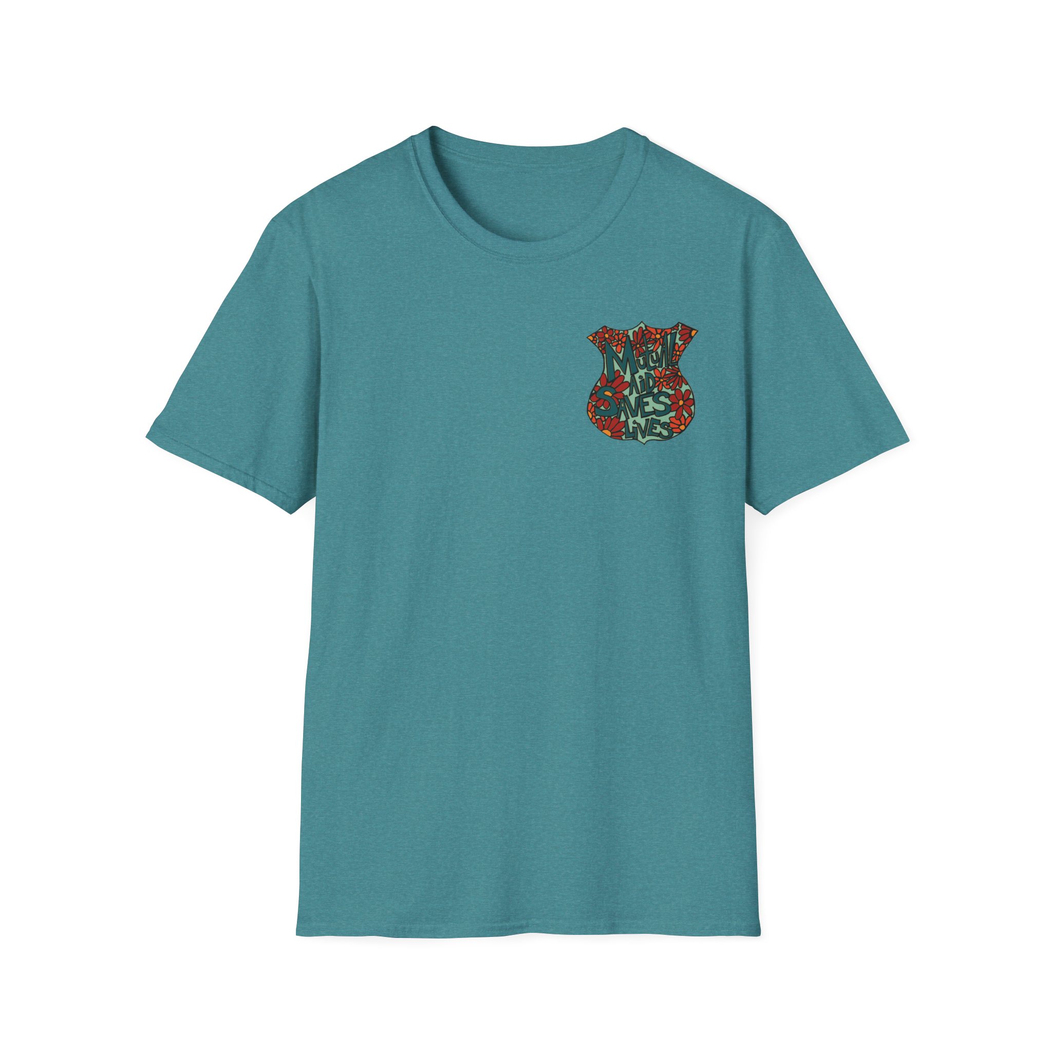 Vintage Floral Shield T‑Shirt — 'Mutual Aid Saves Lives' Pocket Graphic - Image 43