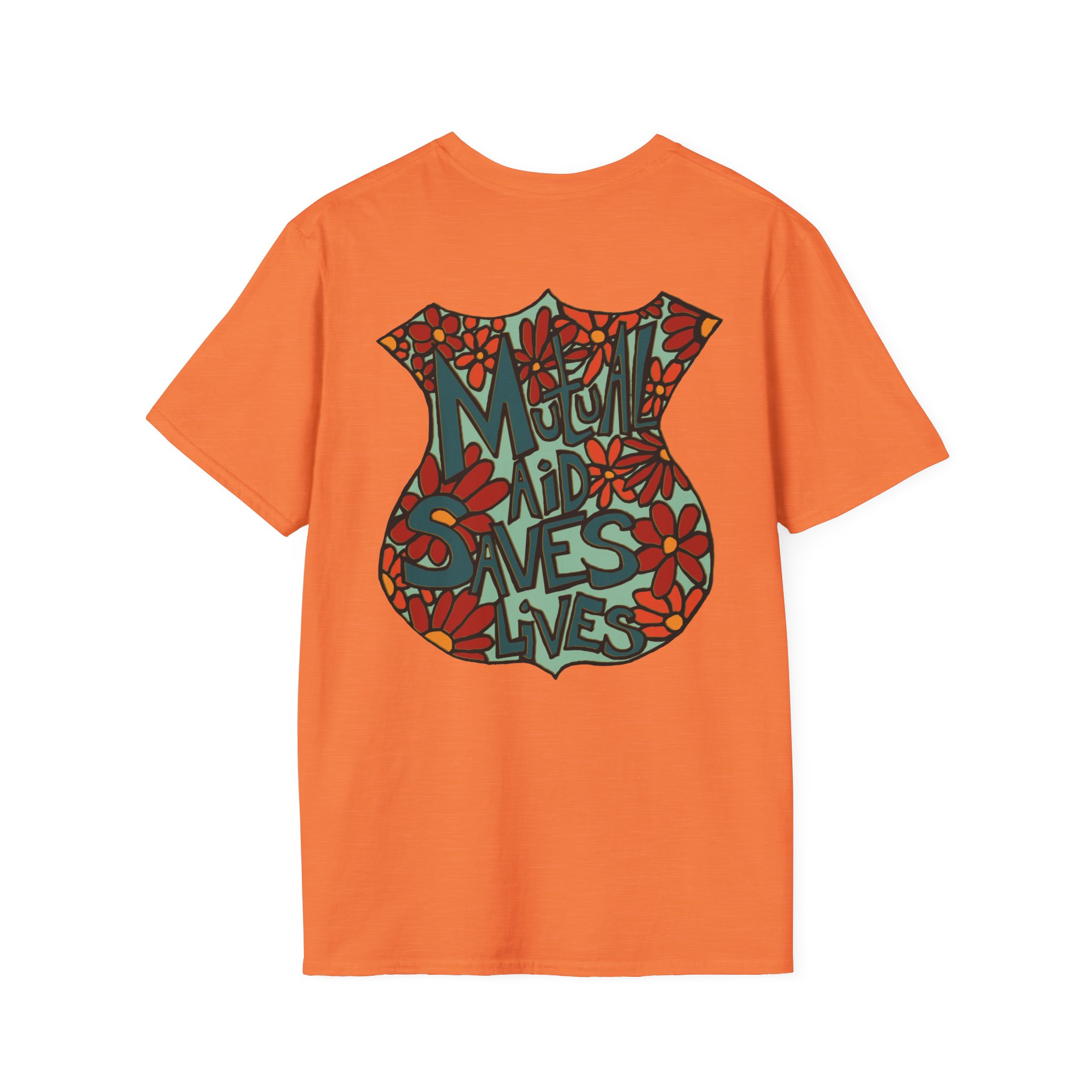 Vintage Floral Shield T‑Shirt — 'Mutual Aid Saves Lives' Pocket Graphic - Image 8