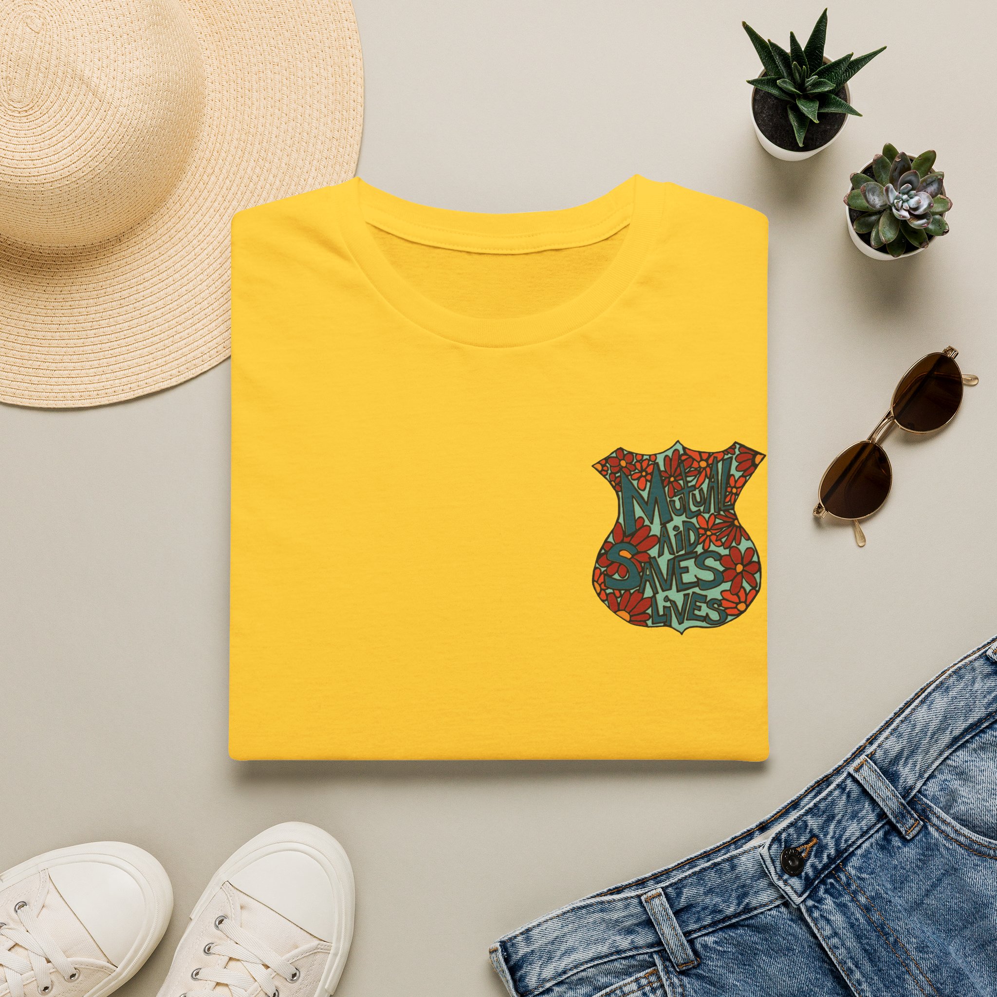 Vintage Floral Shield T‑Shirt — 'Mutual Aid Saves Lives' Pocket Graphic - Image 29