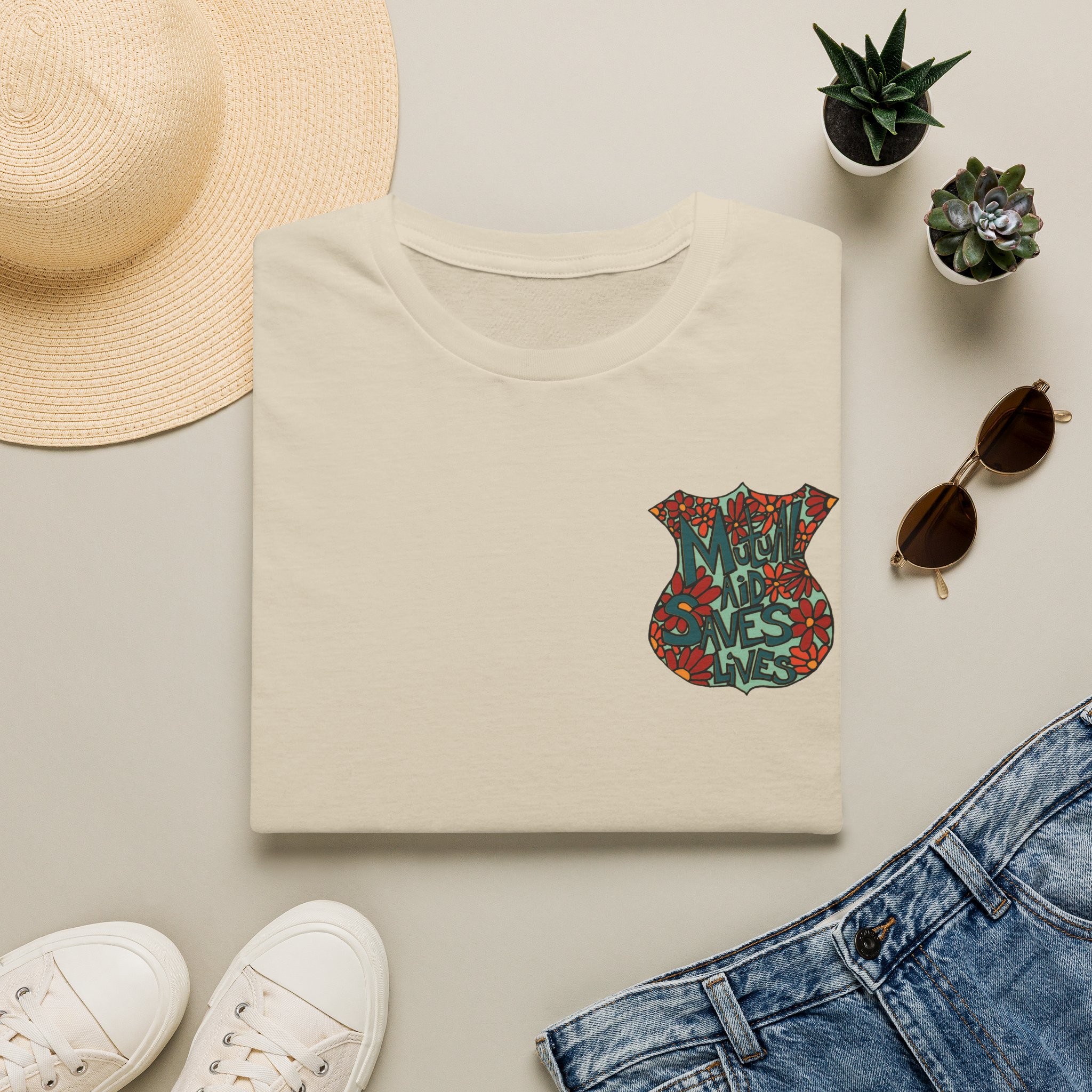 Vintage Floral Shield T‑Shirt — 'Mutual Aid Saves Lives' Pocket Graphic - Image 13