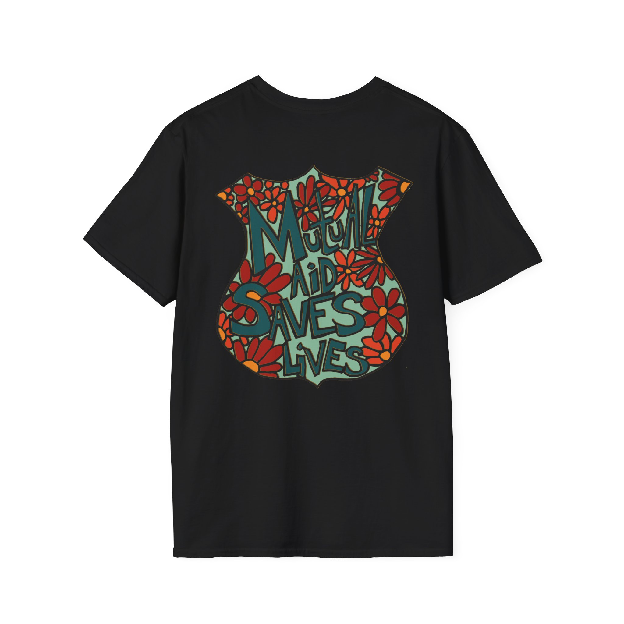 Vintage Floral Shield T‑Shirt — 'Mutual Aid Saves Lives' Pocket Graphic - Image 12