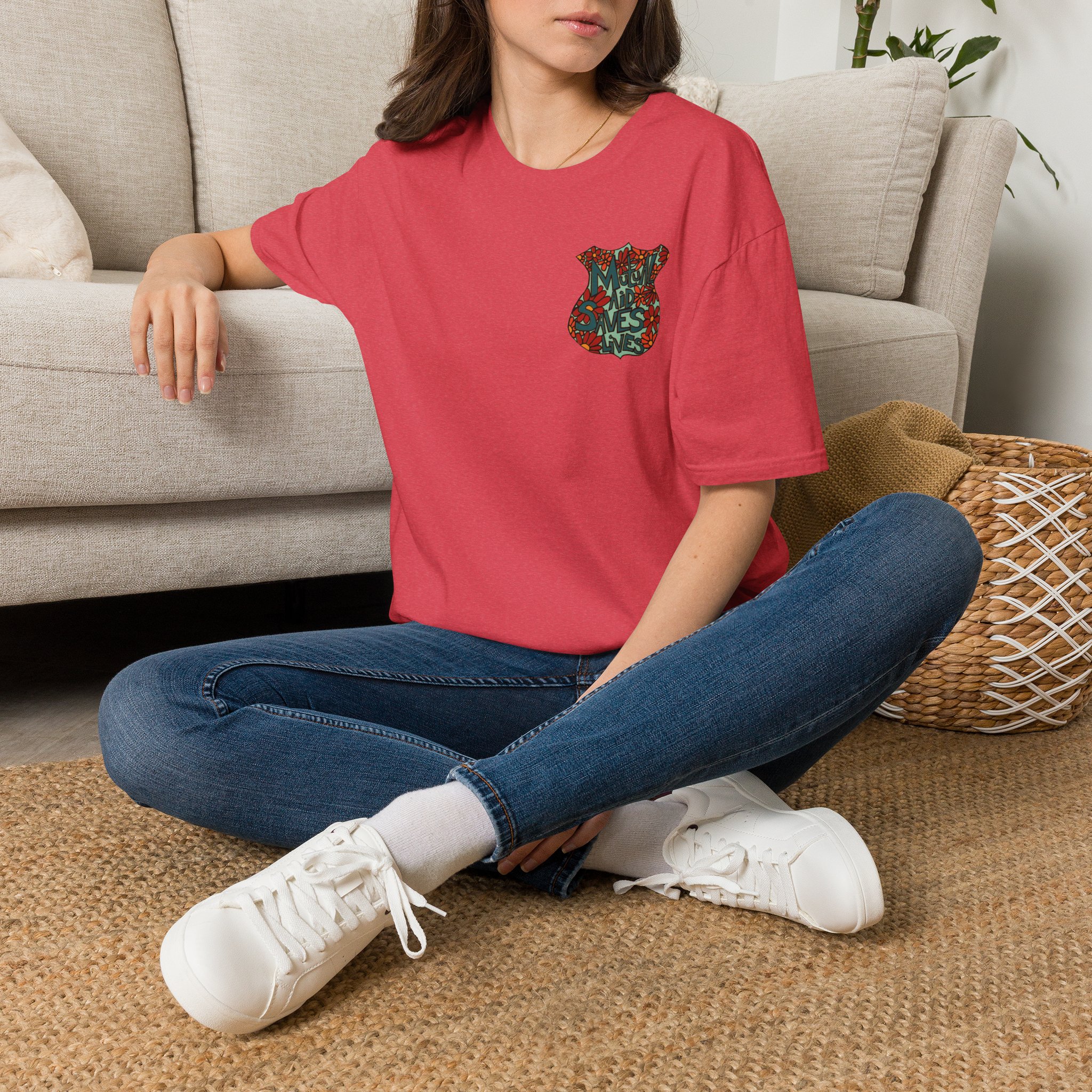 Vintage Floral Shield T‑Shirt — 'Mutual Aid Saves Lives' Pocket Graphic - Image 50
