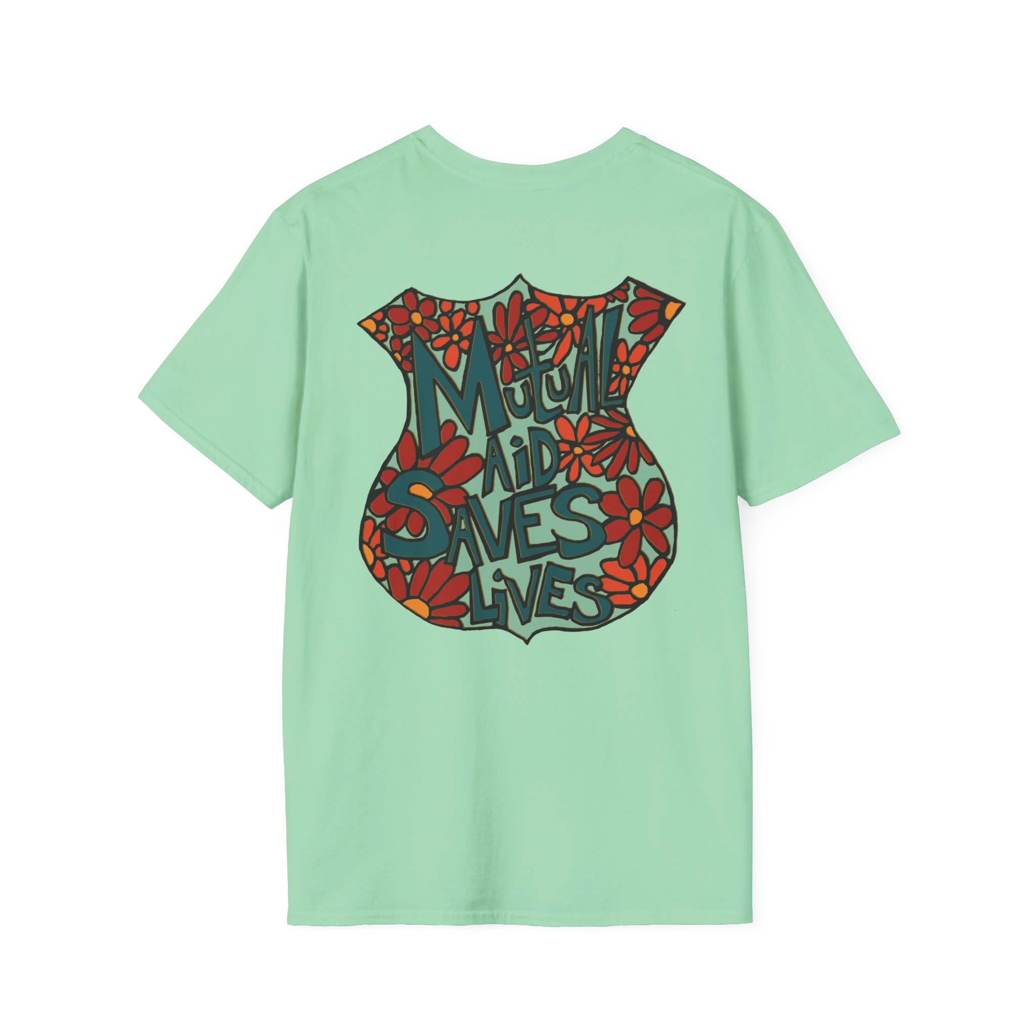 Vintage Floral Shield T‑Shirt — 'Mutual Aid Saves Lives' Pocket Graphic - Image 36