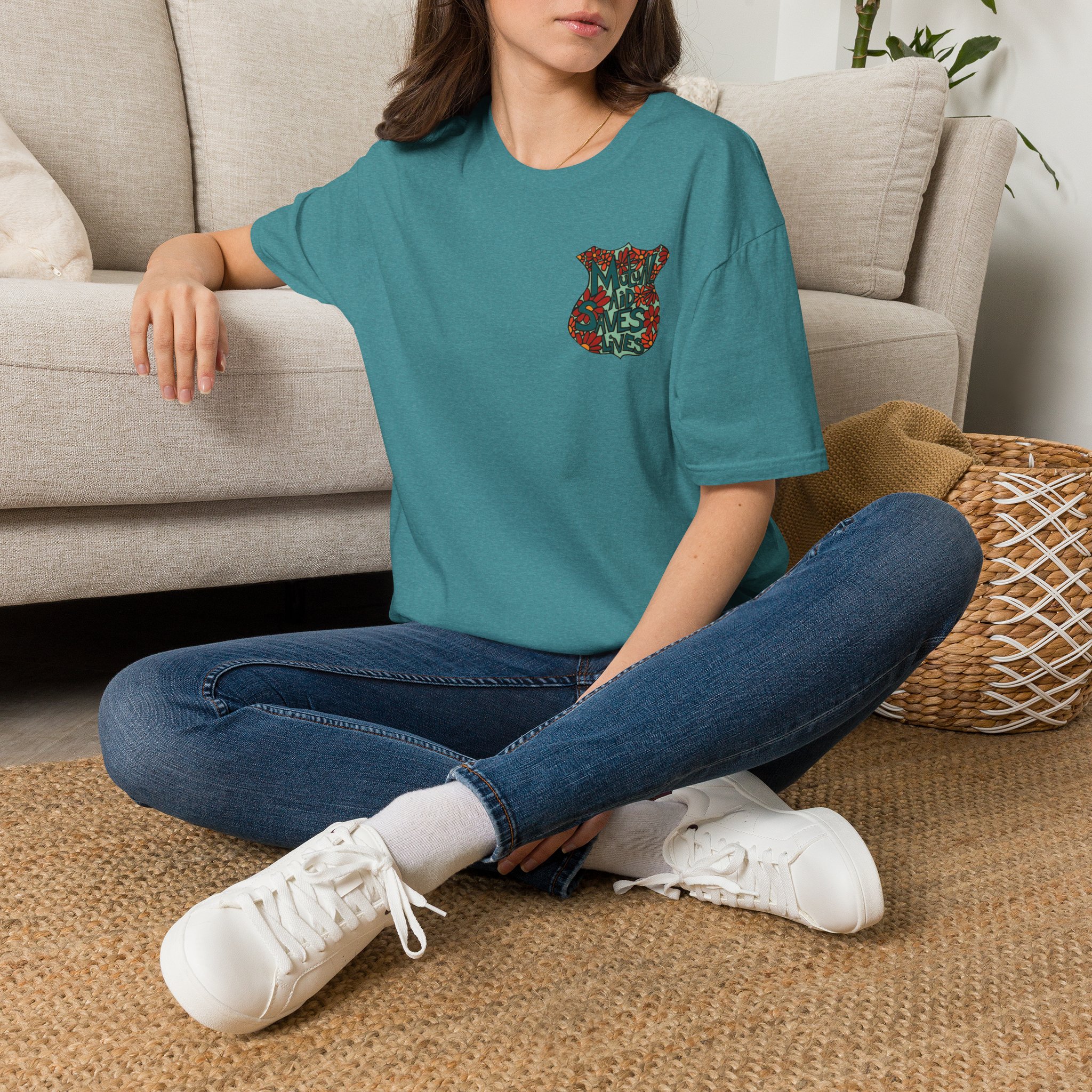 Vintage Floral Shield T‑Shirt — 'Mutual Aid Saves Lives' Pocket Graphic - Image 42