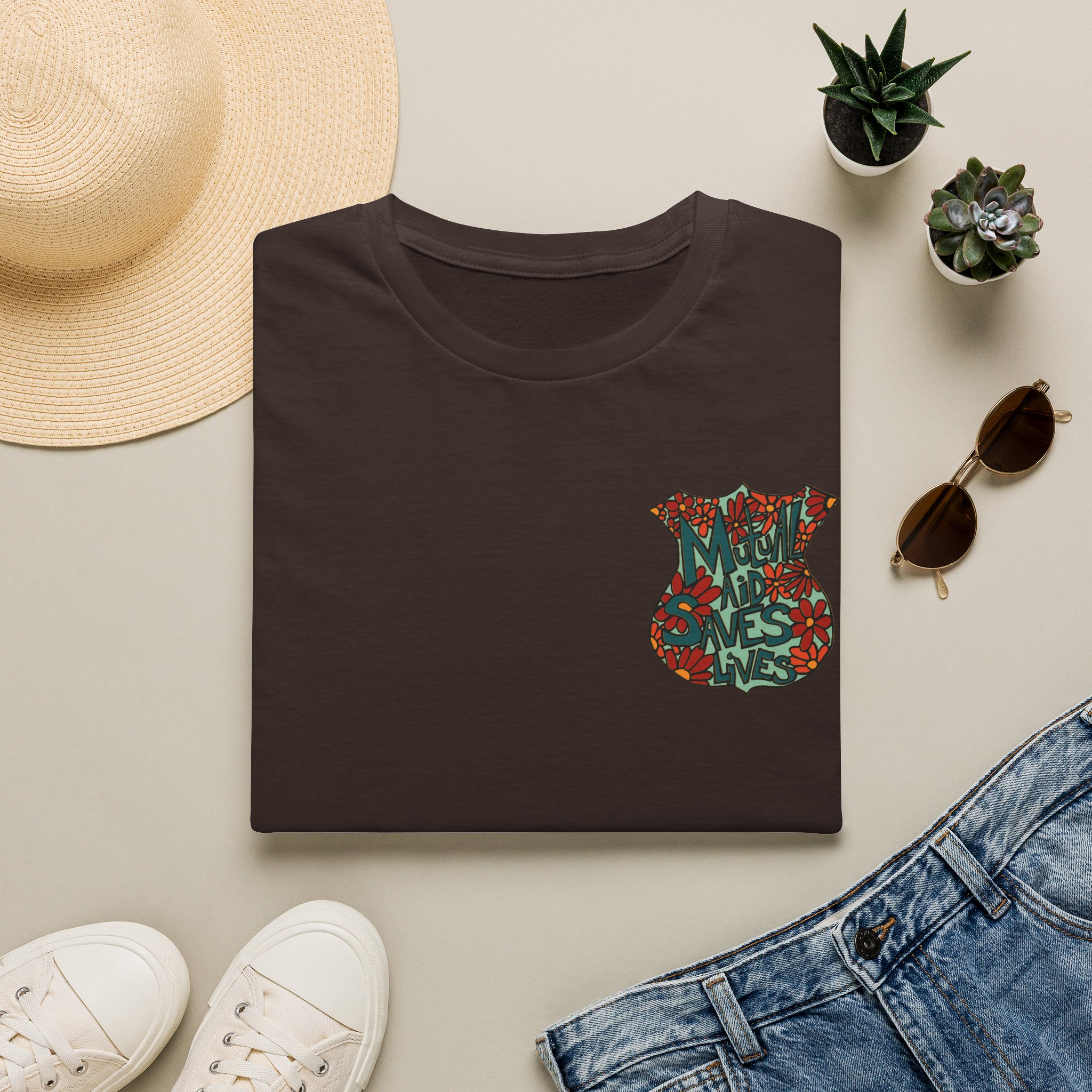 Vintage Floral Shield T‑Shirt — 'Mutual Aid Saves Lives' Pocket Graphic - Image 21