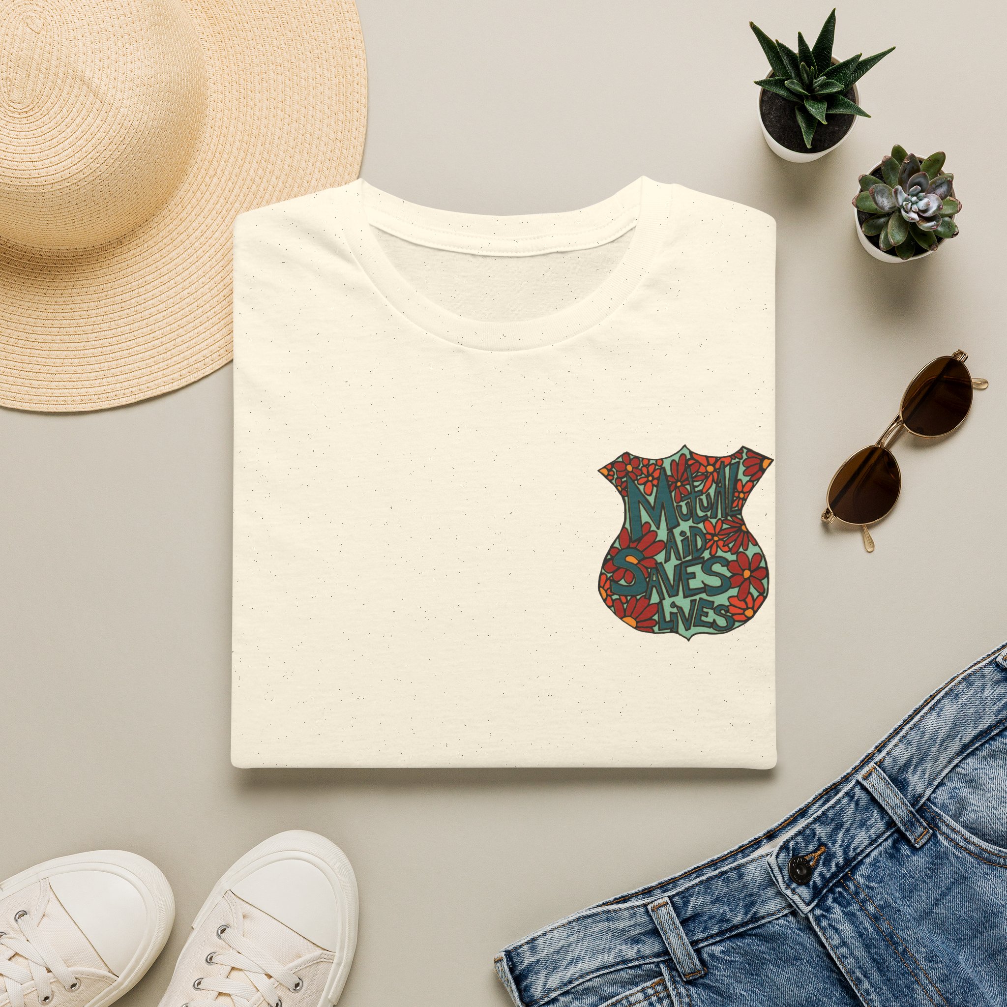 Vintage Floral Shield T‑Shirt — 'Mutual Aid Saves Lives' Pocket Graphic - Image 25