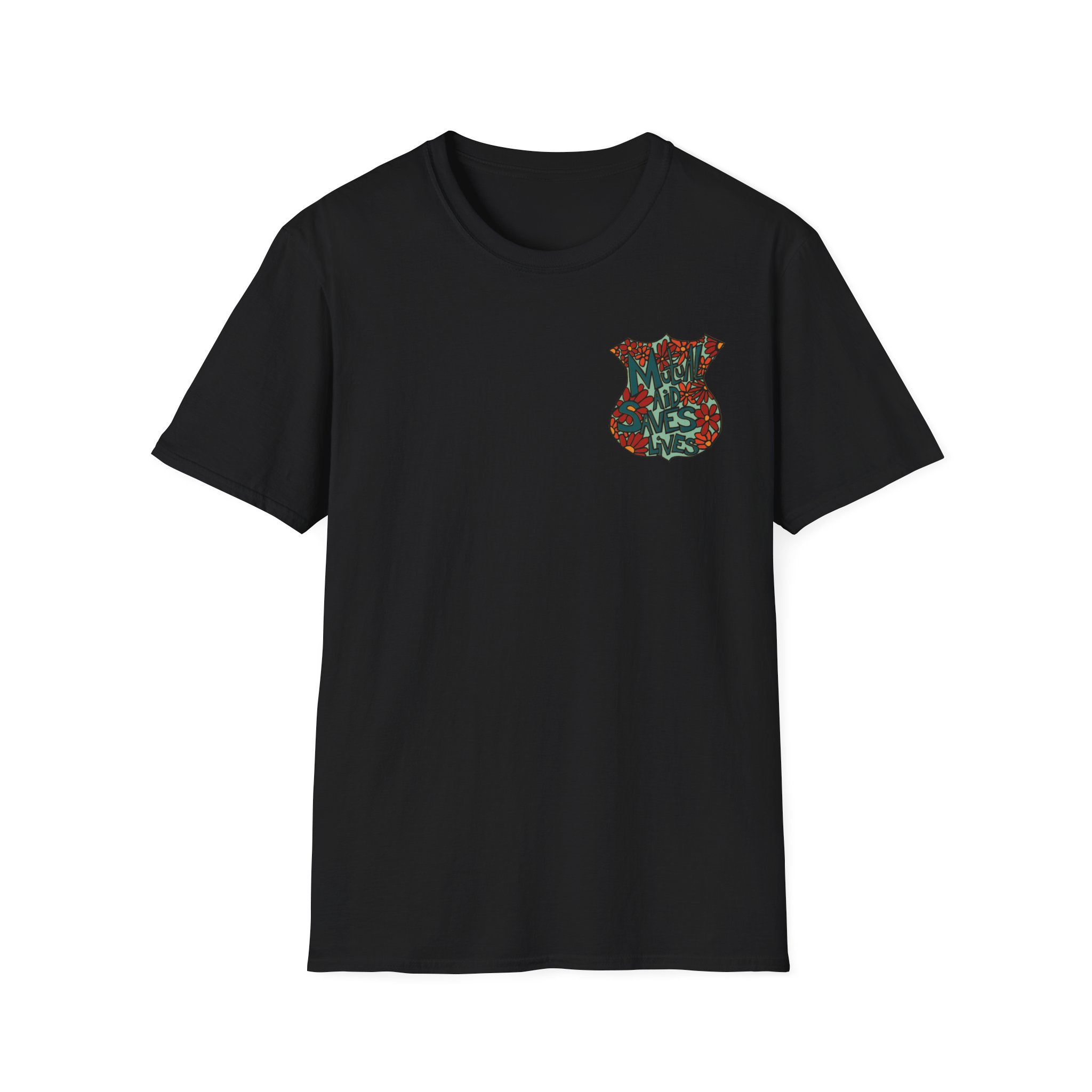 Vintage Floral Shield T‑Shirt — 'Mutual Aid Saves Lives' Pocket Graphic - Image 11