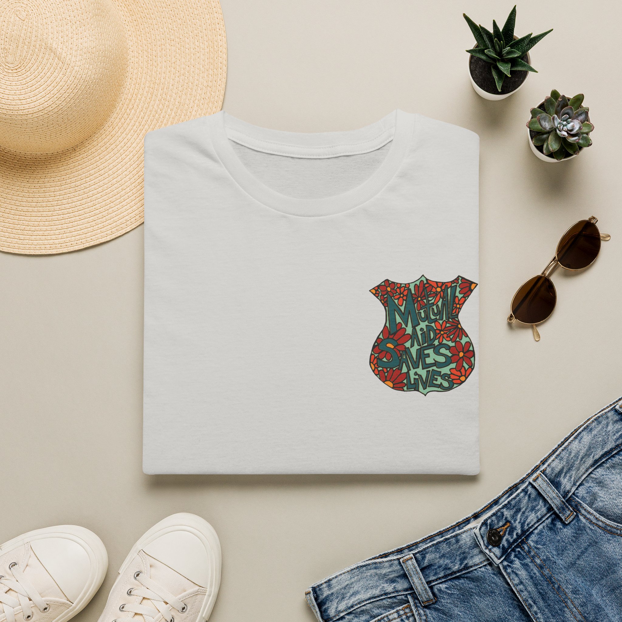 Vintage Floral Shield T‑Shirt — 'Mutual Aid Saves Lives' Pocket Graphic - Image 17