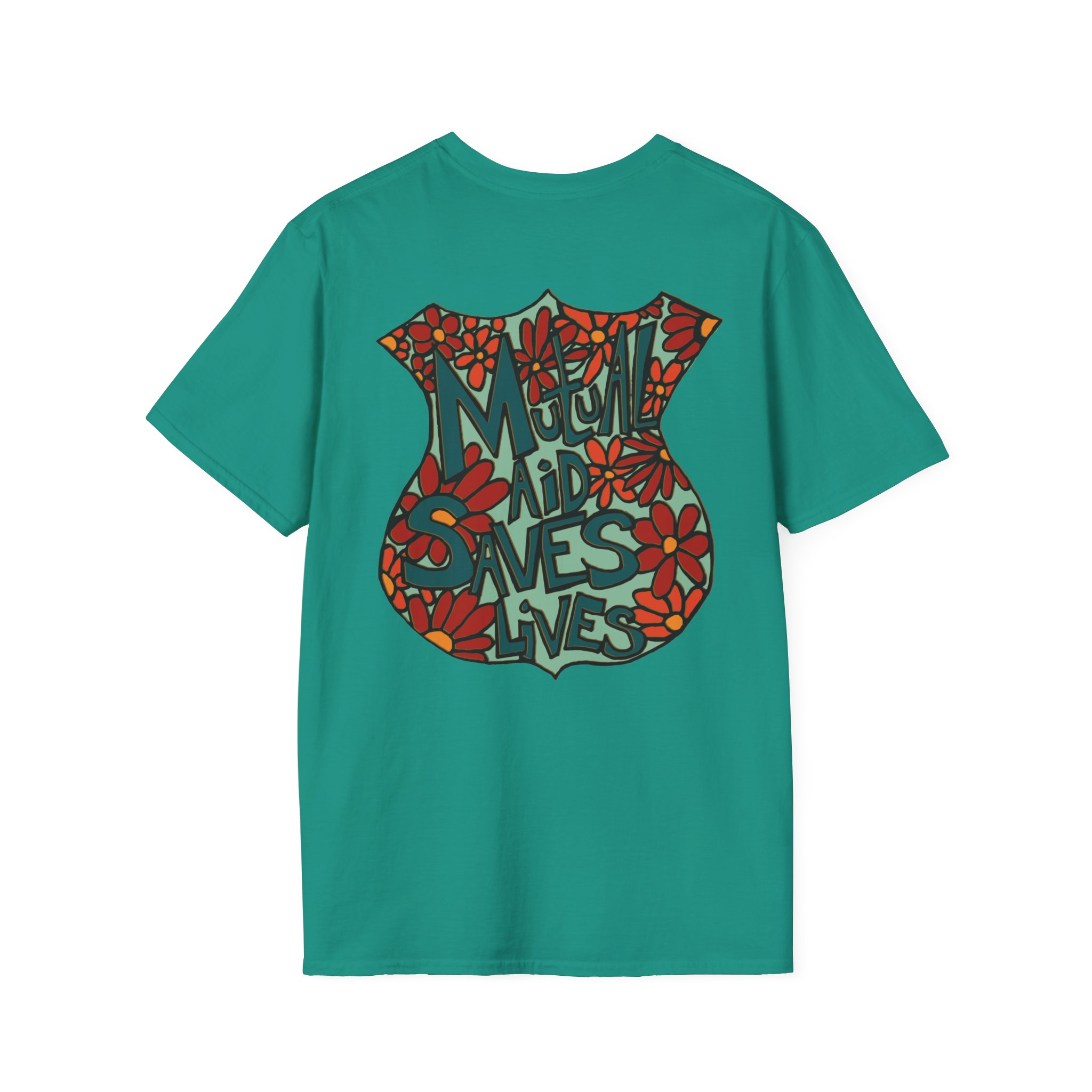 Vintage Floral Shield T‑Shirt — 'Mutual Aid Saves Lives' Pocket Graphic - Image 48