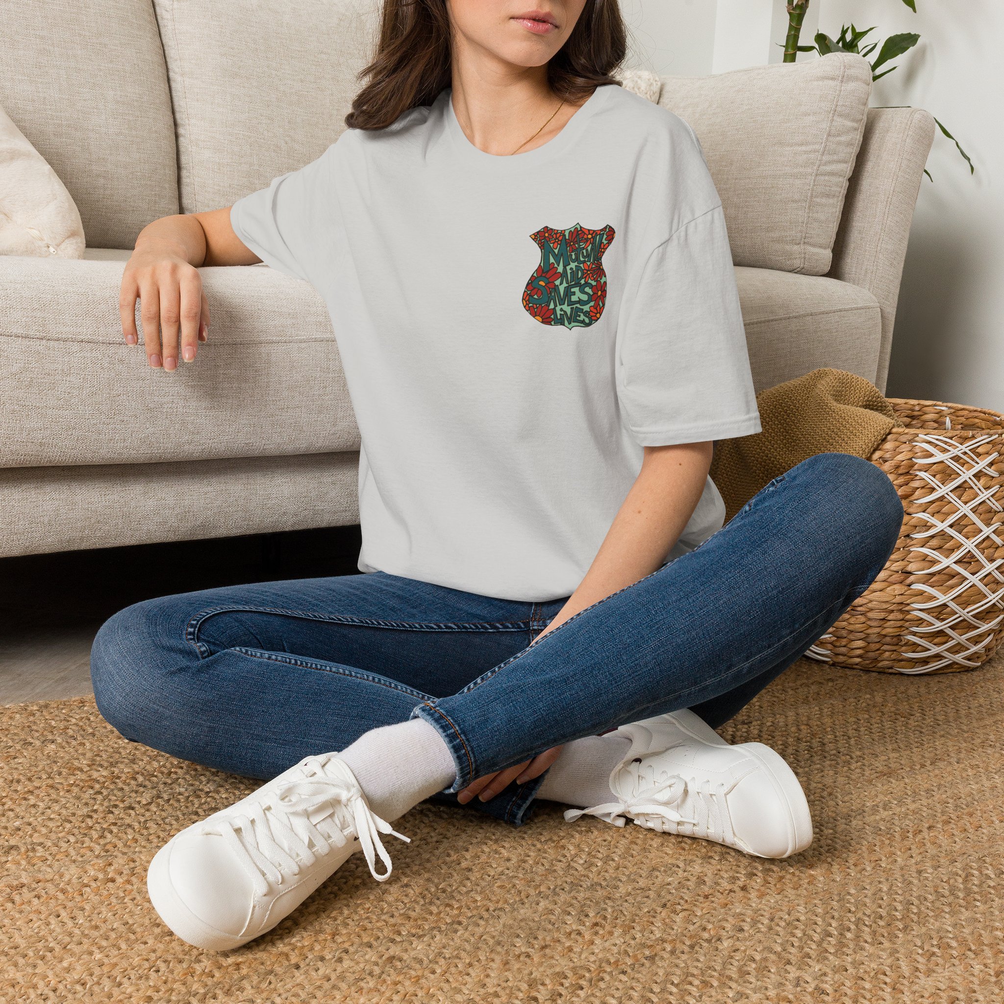 Vintage Floral Shield T‑Shirt — 'Mutual Aid Saves Lives' Pocket Graphic - Image 18