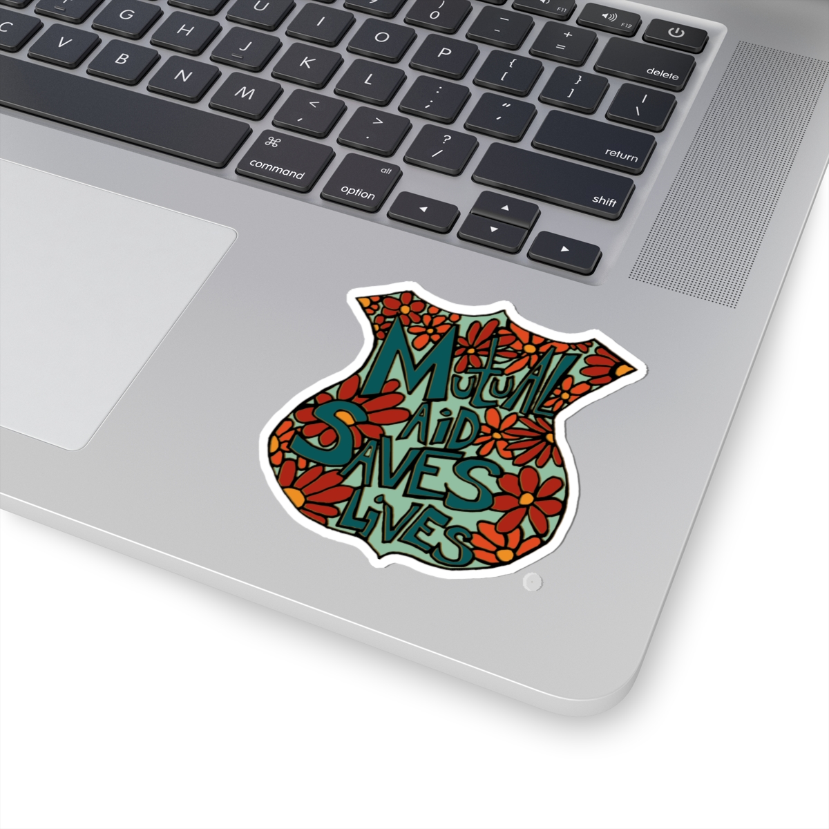 Sticker — “Mutual Aid Saves Lives” Floral Badge Kiss-Cut Sticker - Image 2