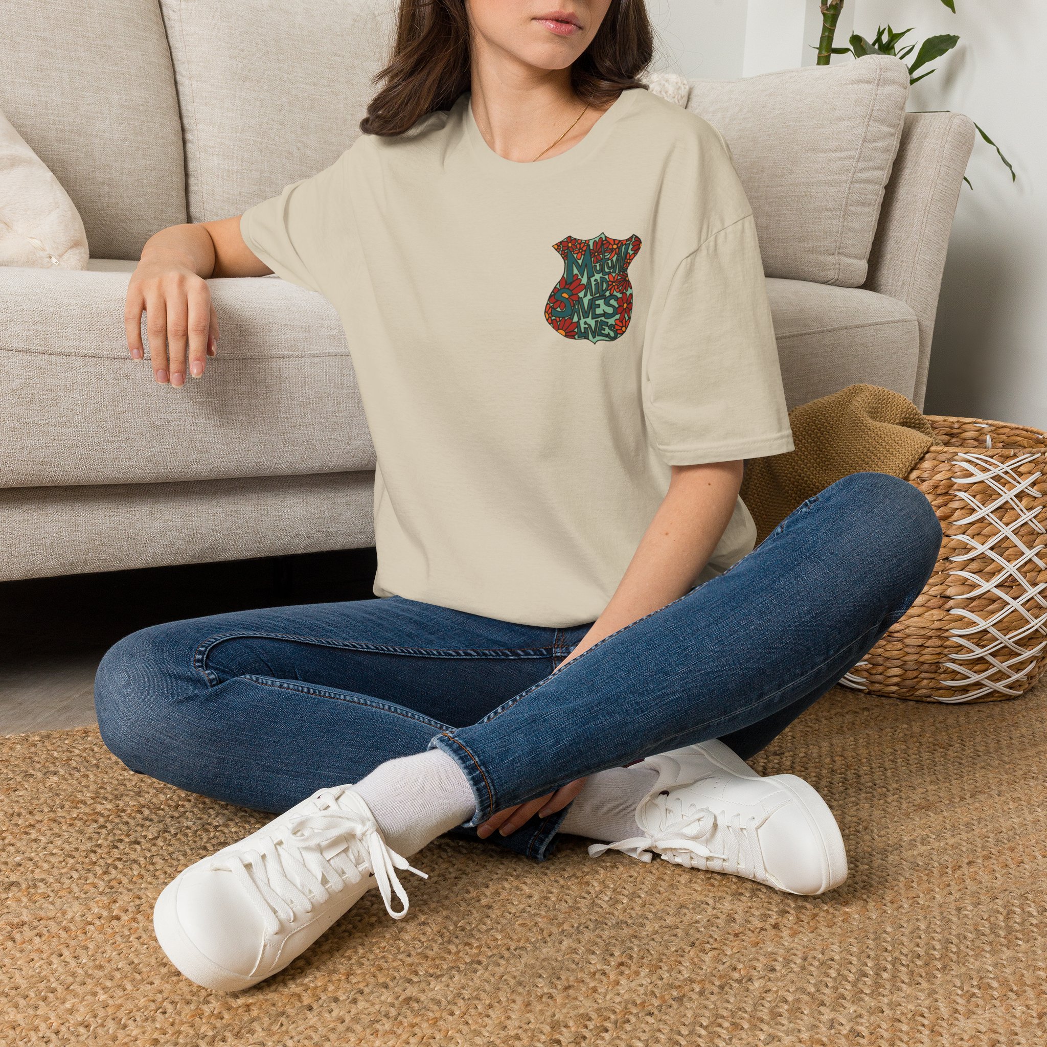 Vintage Floral Shield T‑Shirt — 'Mutual Aid Saves Lives' Pocket Graphic - Image 14