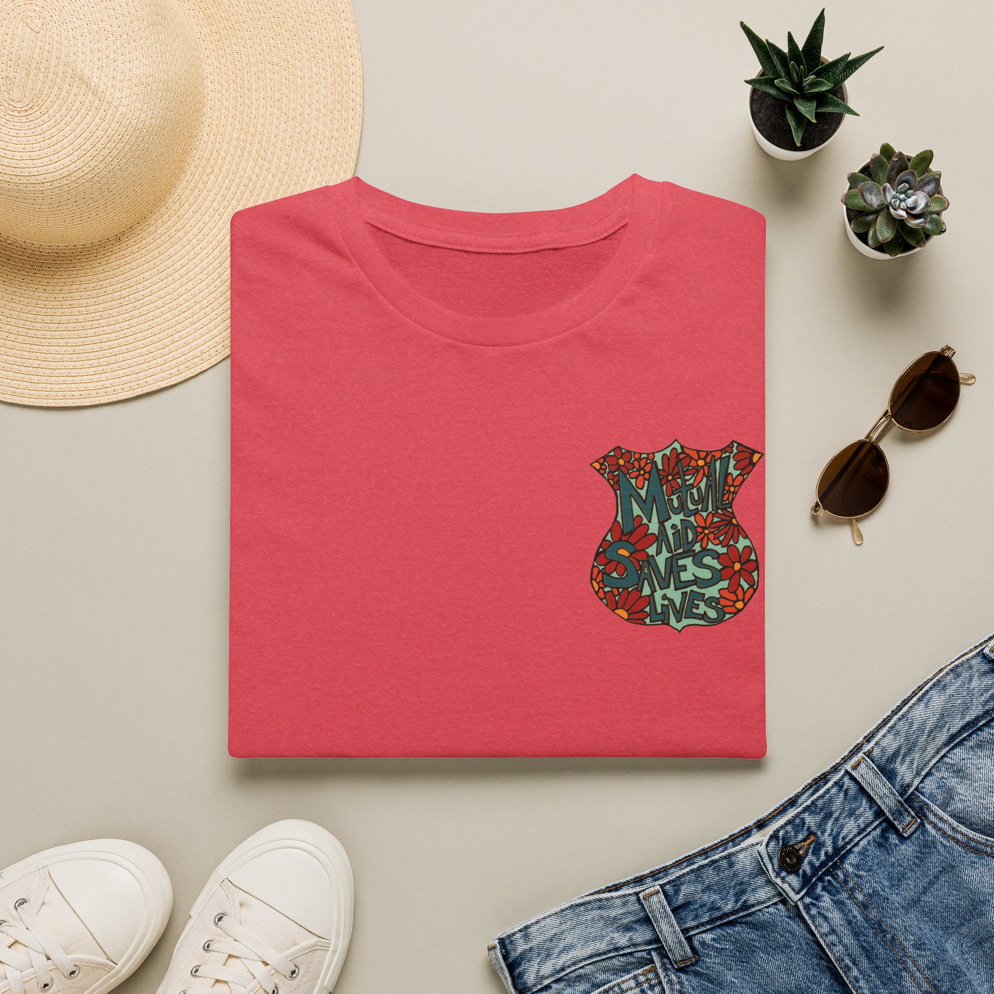 Vintage Floral Shield T‑Shirt — 'Mutual Aid Saves Lives' Pocket Graphic - Image 49