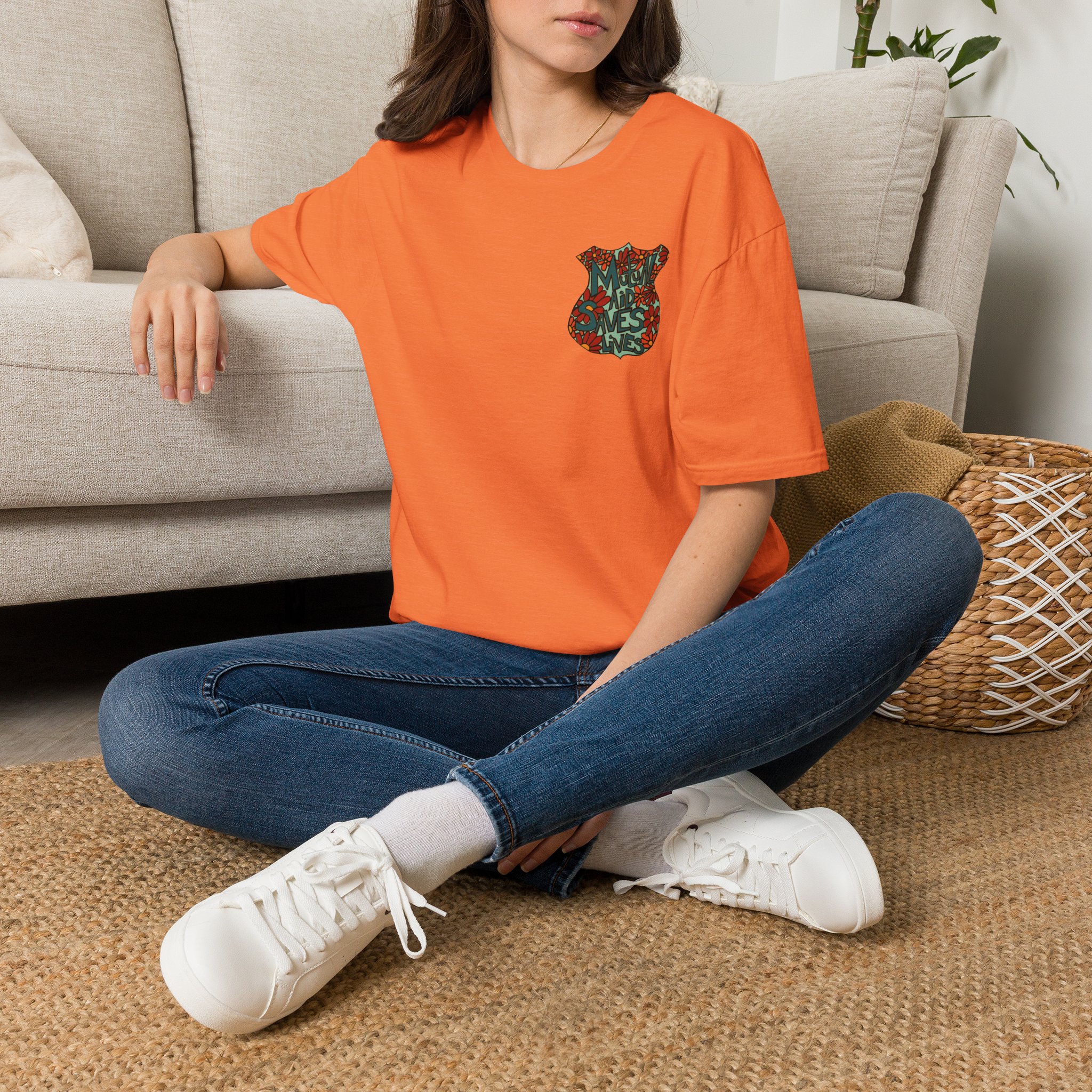Vintage Floral Shield T‑Shirt — 'Mutual Aid Saves Lives' Pocket Graphic - Image 6