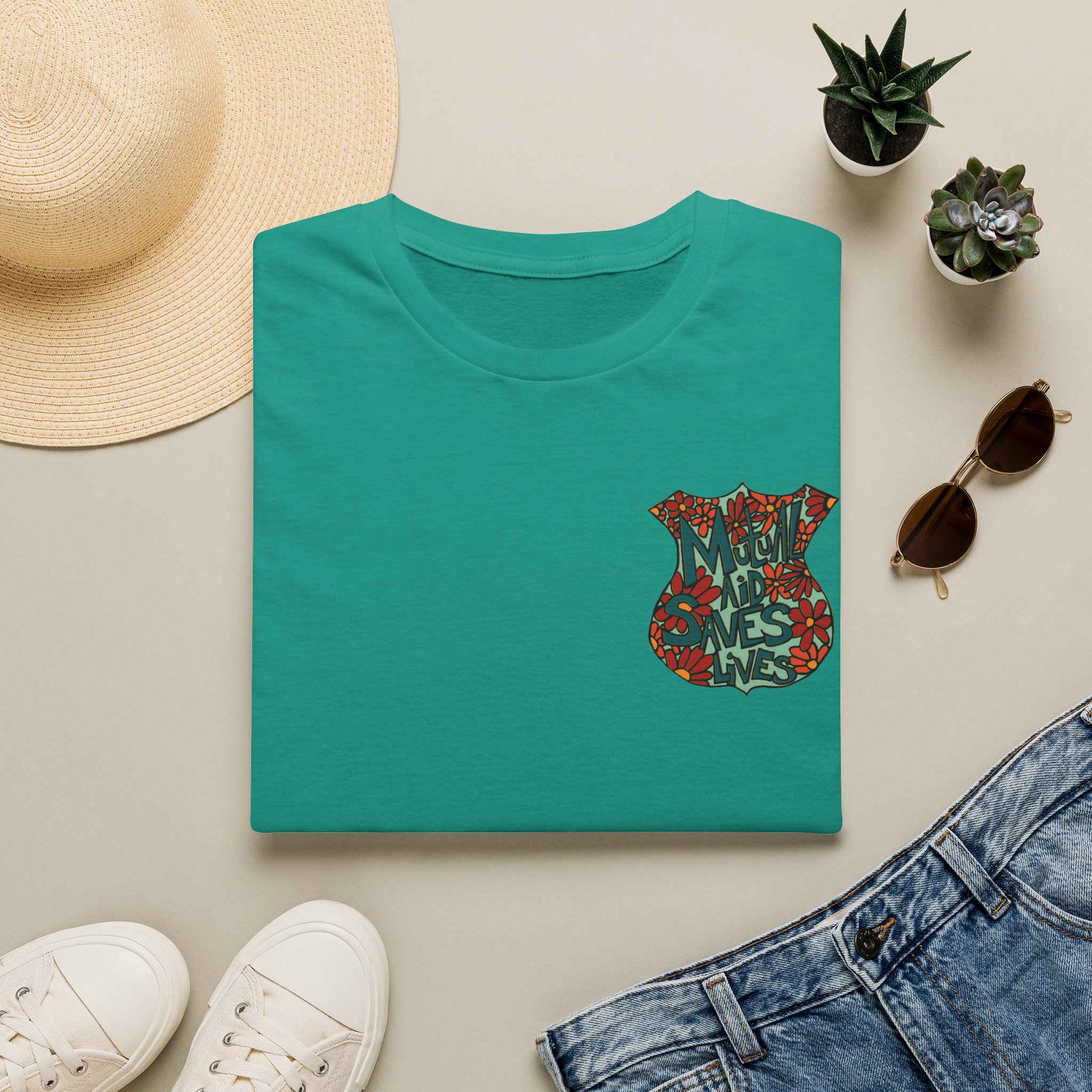 Vintage Floral Shield T‑Shirt — 'Mutual Aid Saves Lives' Pocket Graphic - Image 45