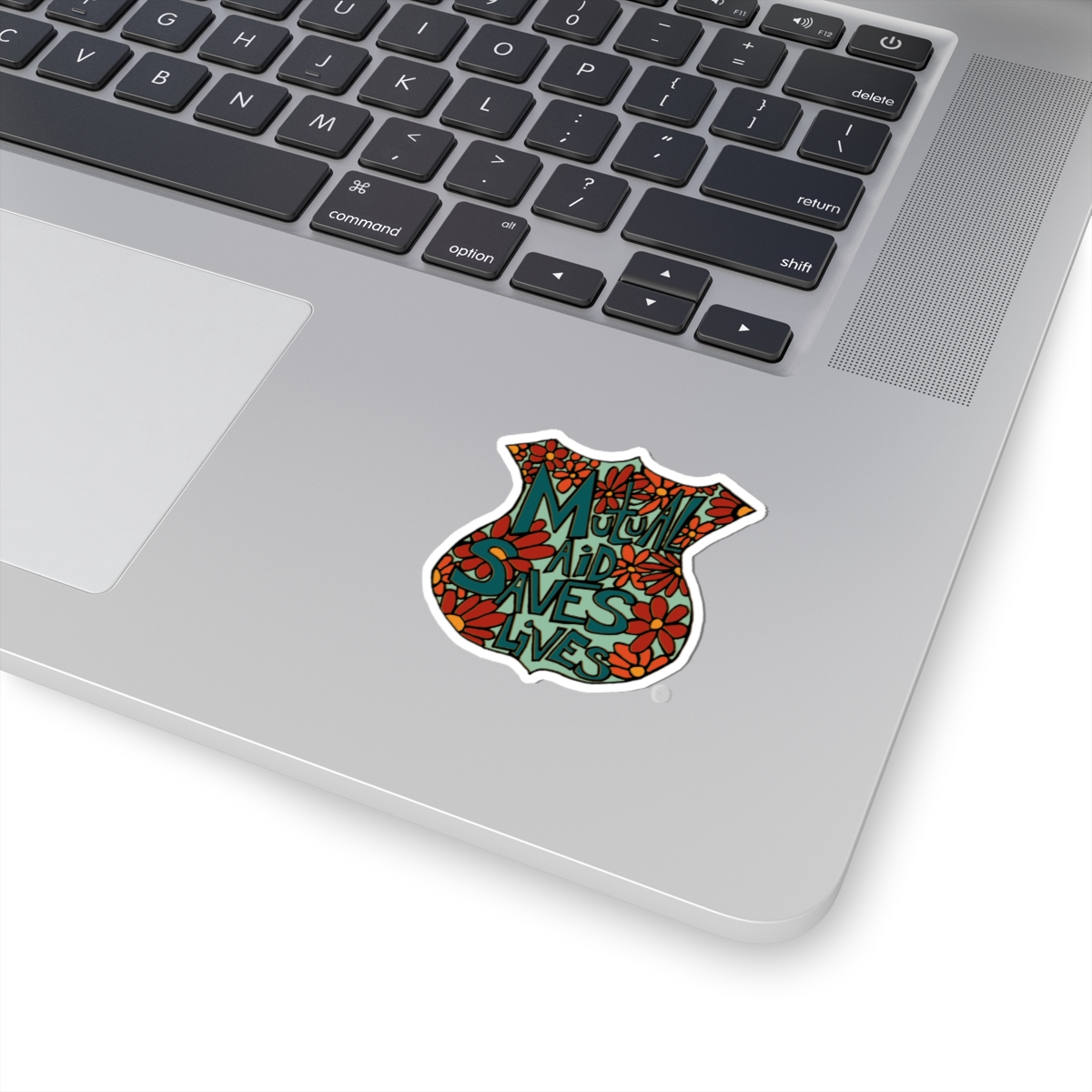 Sticker — “Mutual Aid Saves Lives” Floral Badge Kiss-Cut Sticker - Image 11