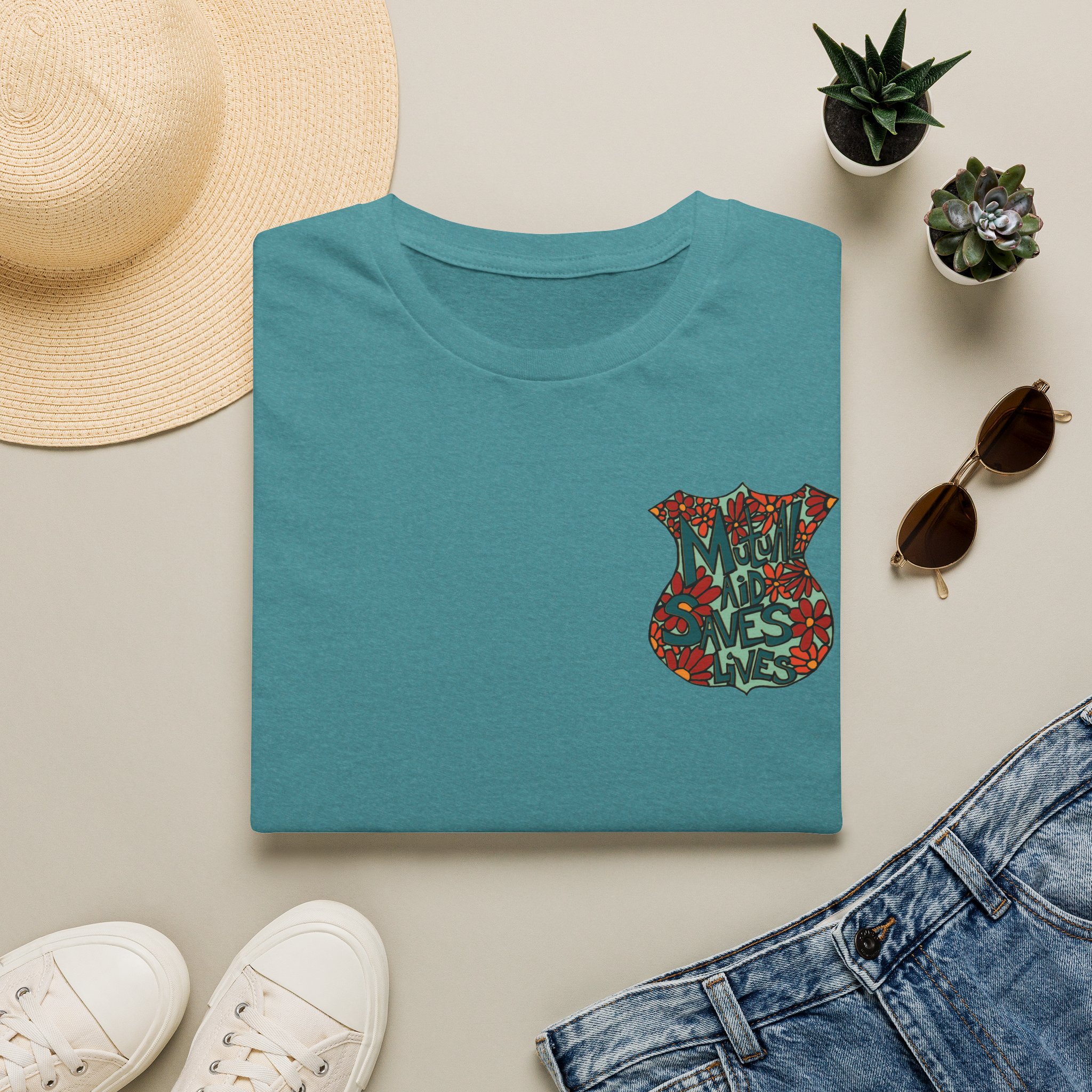 Vintage Floral Shield T‑Shirt — 'Mutual Aid Saves Lives' Pocket Graphic - Image 41
