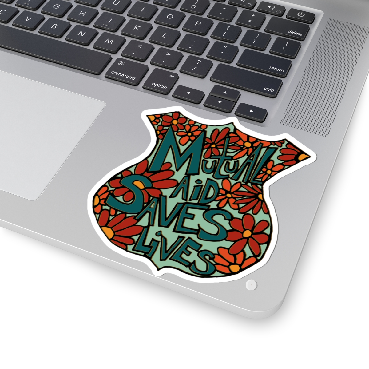 Sticker — “Mutual Aid Saves Lives” Floral Badge Kiss-Cut Sticker - Image 5