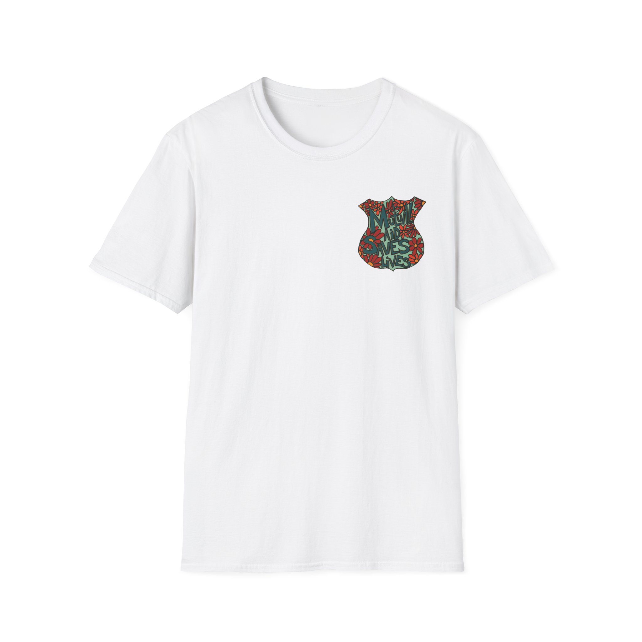 Vintage Floral Shield T‑Shirt — 'Mutual Aid Saves Lives' Pocket Graphic - Image 3