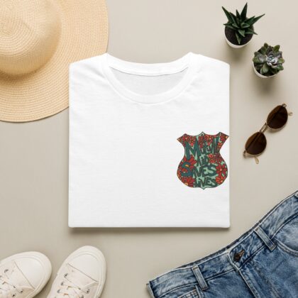 Vintage Floral Shield T‑Shirt — 'Mutual Aid Saves Lives' Pocket Graphic