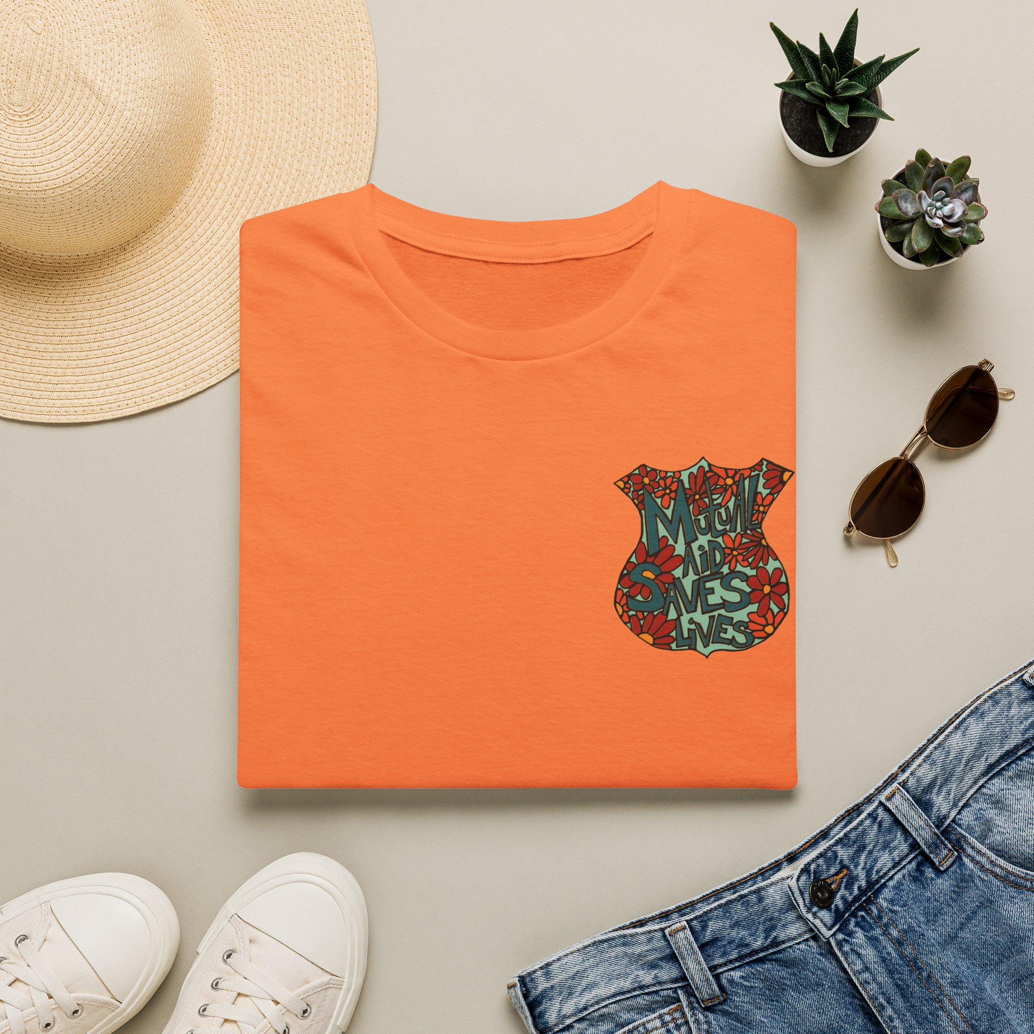 Vintage Floral Shield T‑Shirt — 'Mutual Aid Saves Lives' Pocket Graphic - Image 5