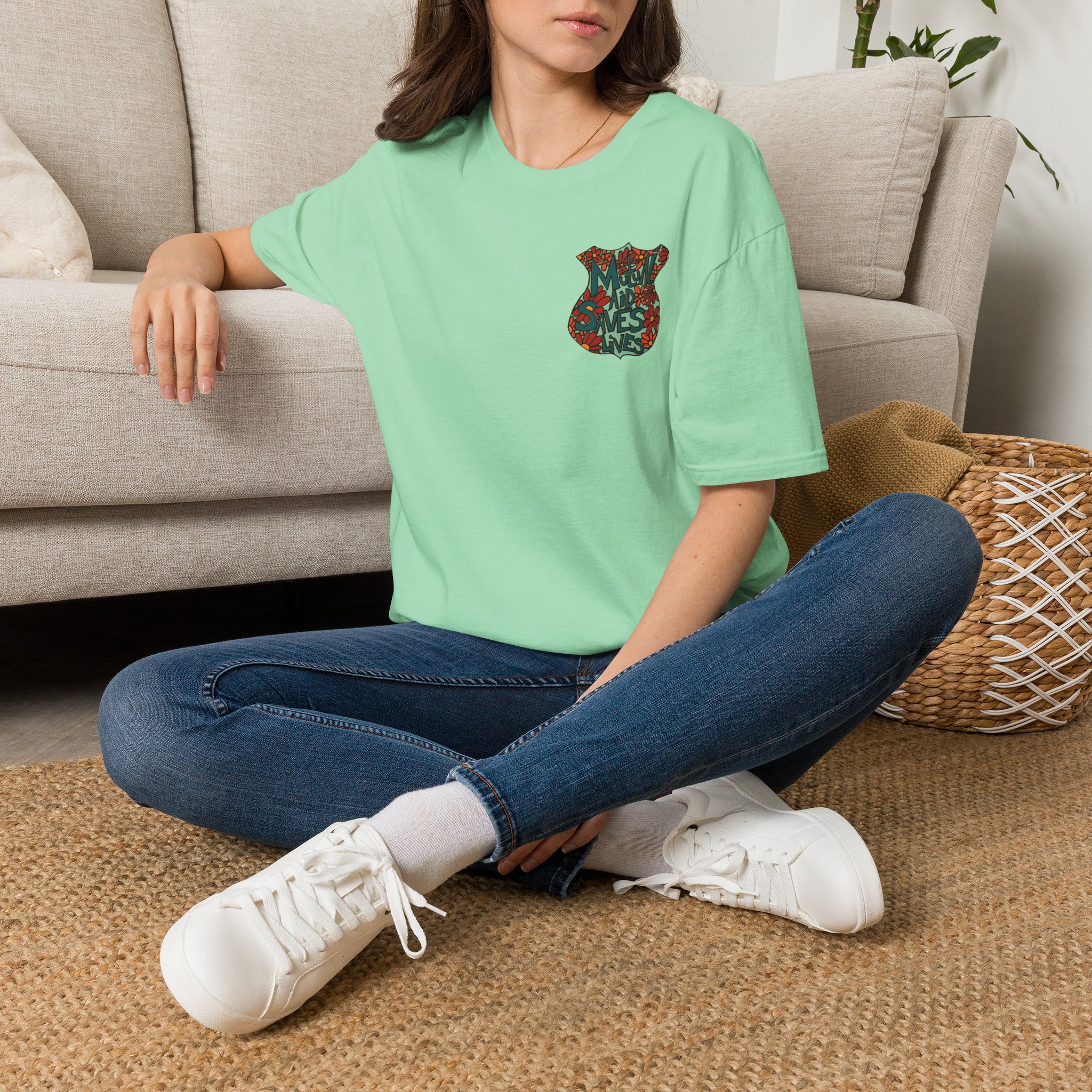Vintage Floral Shield T‑Shirt — 'Mutual Aid Saves Lives' Pocket Graphic - Image 34